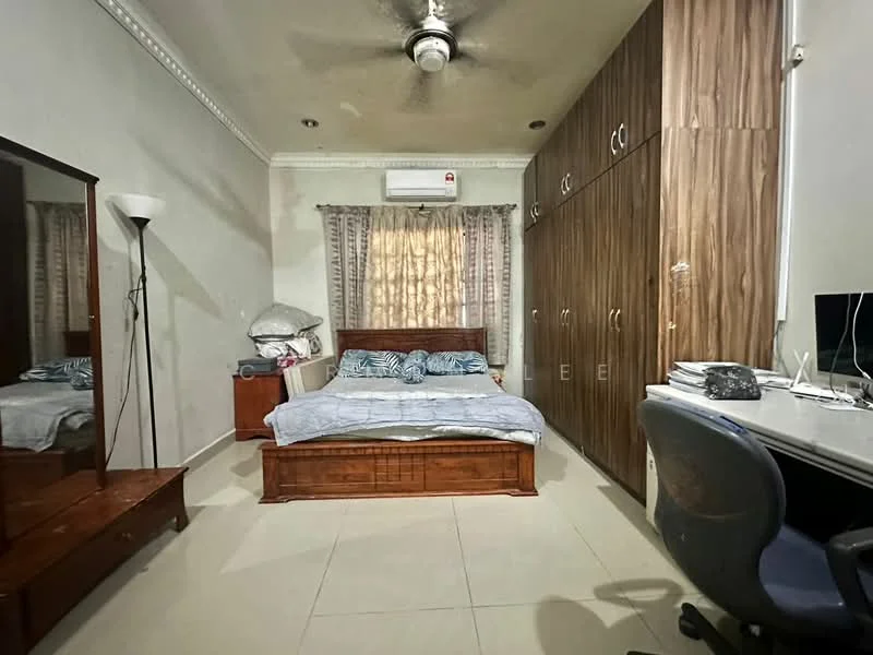 Bedroom features: queen-size bed with wooden frame, upholstered headboard, built-in wardrobe with wood finish, study desk with chair, floor lamp, mirror, air conditioning unit, curtains, tile flooring, ceiling fan; style: modern.