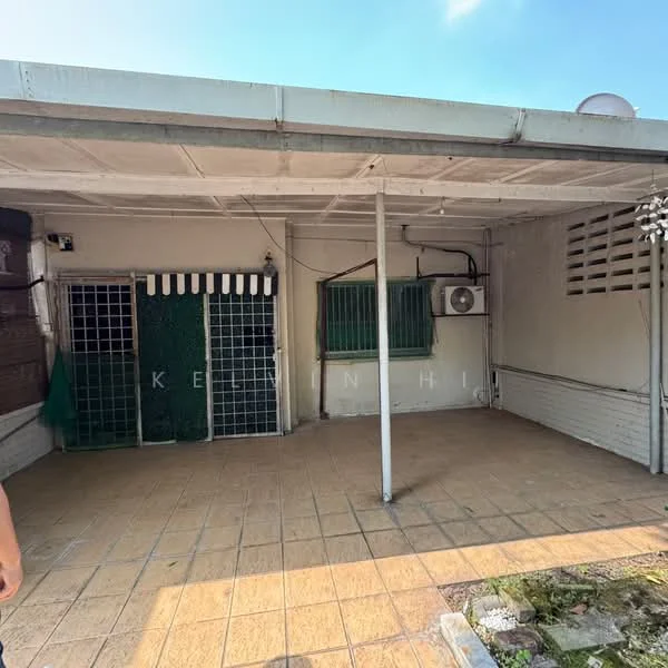 Exterior features: tiled flooring, metal roof, wall-mounted split AC, green window grills, covered patio area, exposed ceiling beams, outdoor space, fenced area.