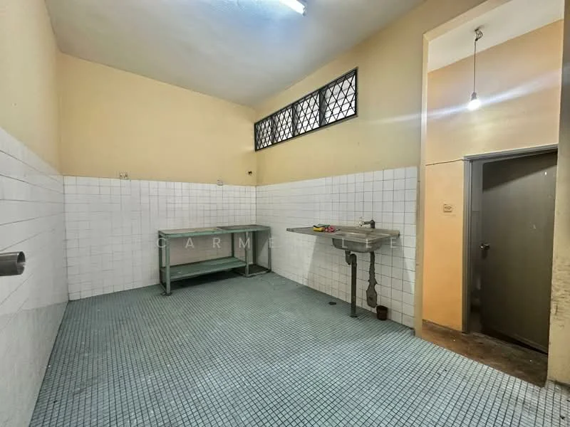 Laundry features: light blue mosaic tile flooring, white tiled walls, metal sink, metal countertop, window with metal grille, overhead lighting, door leading to hallway.