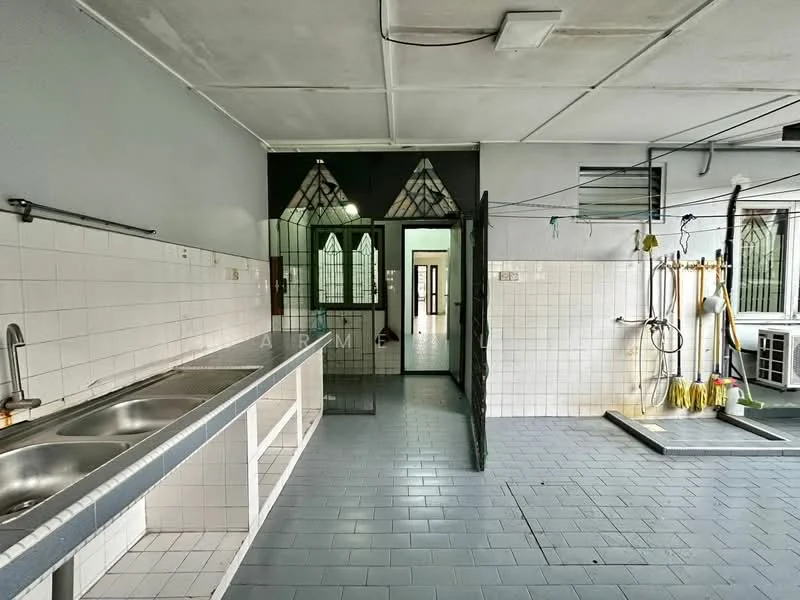 Kitchen features: double-bowl stainless-steel sink, chrome pull-down faucet, white tiled backsplash, grey floor tiles, white cabinetry, open layout, wall-mounted shelves, large windows with decorative grills, doorway leading to other rooms. Room features: grey floor tiles, large windows with decorative grills, open space leading to other rooms.