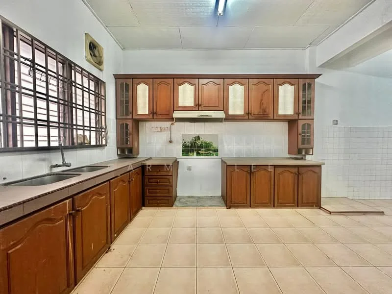 Kitchen features: brown wooden cabinetry, granite countertop, single-bowl stainless-steel sink, chrome pull-down faucet, built-in range hood, tile backsplash, ceramic tile flooring, window with metal grille, wall-mounted air conditioning unit; style: traditional.
