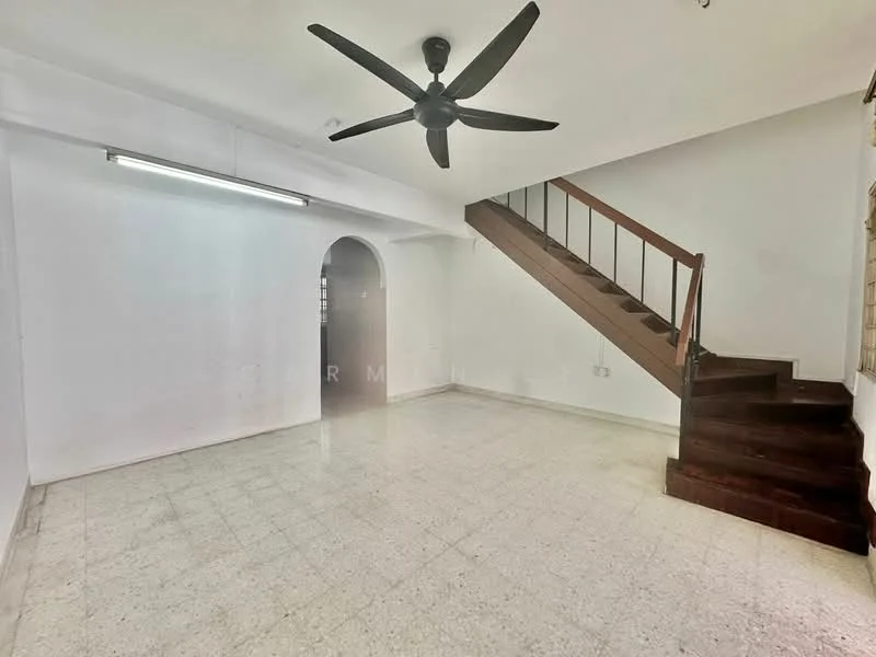 Living features: white painted walls, marble flooring, 5-blade ceiling fan, staircase with wooden railing, arched doorway, fluorescent ceiling light, open layout, natural light from windows; style: minimalist.