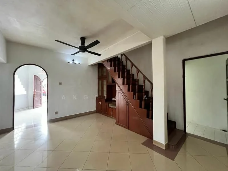 Room features: white painted walls, cream tiled flooring, 5-blade ceiling fan, wooden staircase, built-in wooden cabinetry, arched doorway, doorway leading to another room, natural light from windows; style: modern.