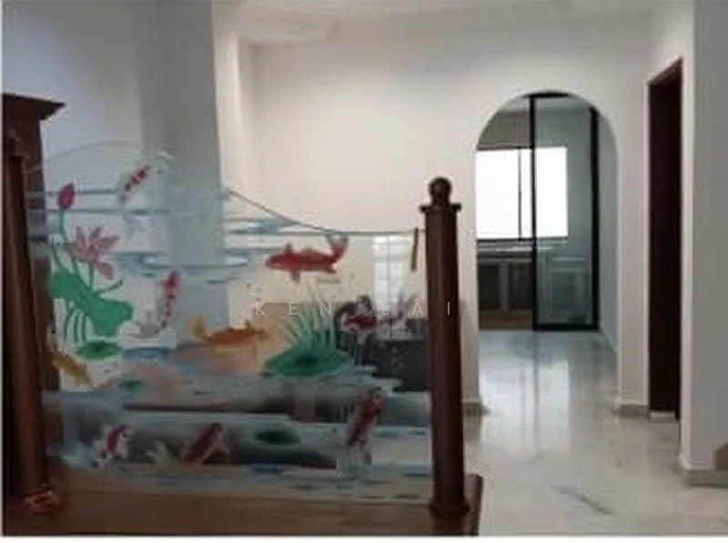 Room features: decorative glass partition with aquatic design, white painted walls, marble flooring, arched doorway, large window, natural light, open layout, neutral color scheme; style: modern.