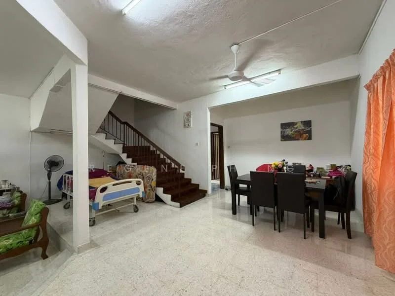 Living features: marble flooring, white painted walls, 5-blade ceiling fan, dining table with chairs, sofa, staircase, decorative wall art, curtains, floor fan; style: modern. Room features: bed with bedding, wooden staircase, unknown wall color.