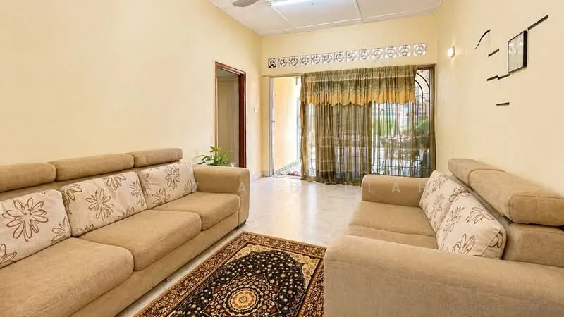 Living features: beige fabric sofa with floral pattern, 2-seater beige fabric sofa, area rug with intricate pattern, cream painted walls, ceiling fan, large window with sheer curtains, decorative wall art, tile flooring; style: modern.