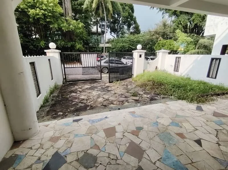 Exterior type: detached bungalow; features: paved stone walkway, white painted fence, black wrought iron gate, manicured lawn, mature trees, surrounded by greenery, driveway, gated entry; style: modern.