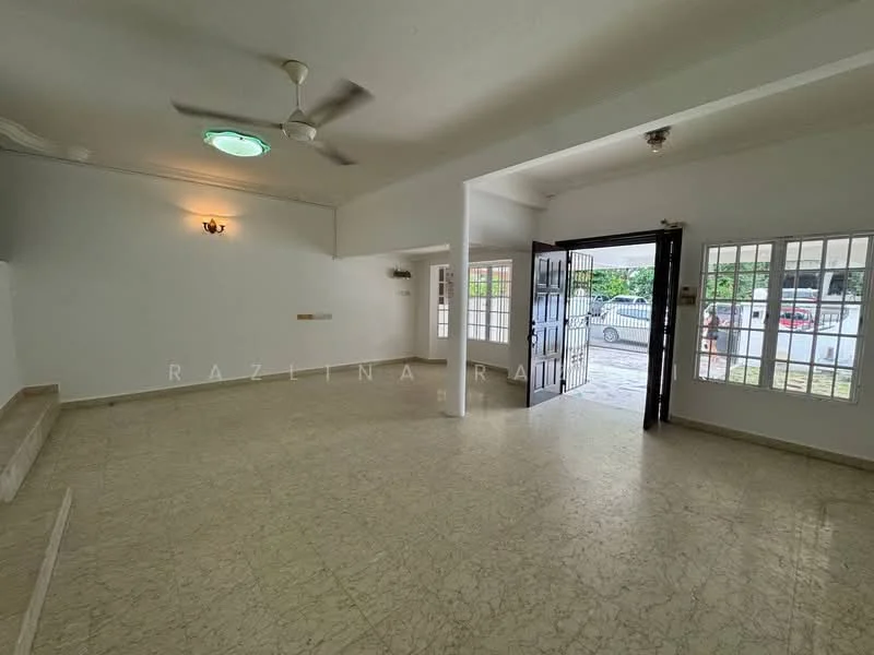 Room features: marble flooring, white painted walls, ceiling fan, recessed downlights, large windows, double-door entry, door with security grille, wall-mounted light fixture; style: modern; view: garden.