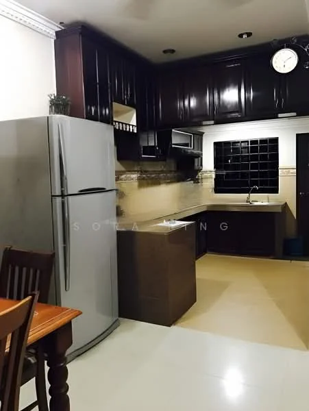 Kitchen features: dark wood cabinetry, granite countertop, stainless-steel fridge, built-in oven, ceramic tile backsplash, single-bowl stainless-steel sink, chrome pull-down faucet, wall-mounted clock, recessed lighting, tile flooring, open layout to dining area; style: modern.