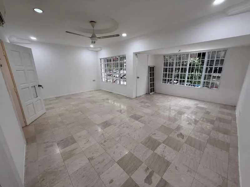 Living features: white painted walls, marble tile flooring, tray ceiling, 5-blade ceiling fan with light, floor-to-ceiling windows, natural light from windows, open layout, no visible furniture; style: modern; view: garden.