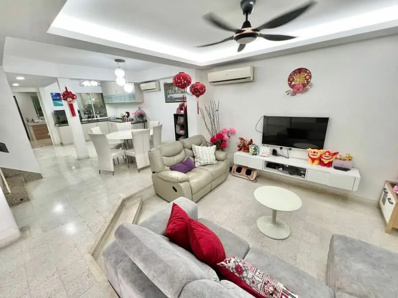 Living features: grey leather sofa, red accent pillows, white coffee table, wall-mounted TV, entertainment unit with storage, ceiling fan with light, decorative wall art, marble flooring, recessed ceiling lights, air conditioning unit, decorative plants, red lanterns; style: modern. Dining features: white dining table, four white dining chairs, open layout to kitchen, decorative wall art; style: modern. Kitchen features: granite countertop, stainless-steel sink, built-in cabinets, kitchen island, stainless-steel appliances, open layout to dining area; style: modern.
