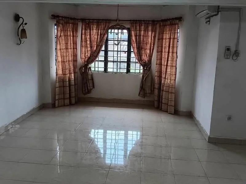 Living features: cream painted walls, glossy tile flooring, floor-to-ceiling windows, sheer curtains, checkered patterned curtains, wall-mounted air conditioning unit, decorative wall hook, natural light from windows.