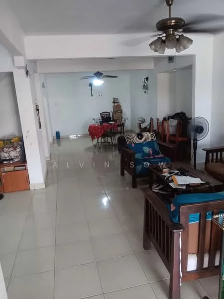 Living features: white painted walls, glossy tile flooring, ceiling fan, 5-blade ceiling fan with light, wooden sofa set, coffee table, dining table with chairs, decorative wall art, open layout, natural light from windows; style: modern.