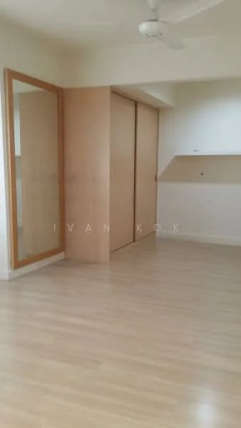 Room features: light wood laminate flooring, white painted walls, built-in wardrobe with sliding doors, full-length mirror, ceiling fan, natural light from window, neutral color scheme; style: modern.