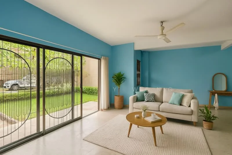 Living features: blue painted walls, concrete flooring, 5-blade ceiling fan, sliding glass door, floor-to-ceiling windows, area rug, 3-seater fabric sofa in light grey, wooden coffee table, decorative plant in pot, mirror on wall, natural light from windows; style: modern; view: garden.
