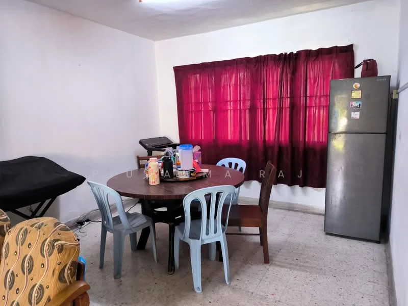 Dining features: round wooden dining table, 4 plastic dining chairs in light blue, 2 wooden chairs, refrigerator, curtains in dark red, light-colored walls, tile flooring, piano in corner.