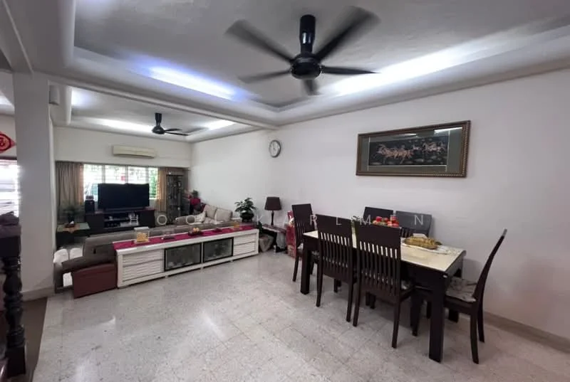 Living features: 5-blade ceiling fan with light, recessed downlights, cream painted walls, marble flooring, wall-mounted TV, TV console, sofa with cushions, dining table with 6 chairs, decorative wall art, large windows with sheer curtains, air conditioning unit, coffee table; style: modern.