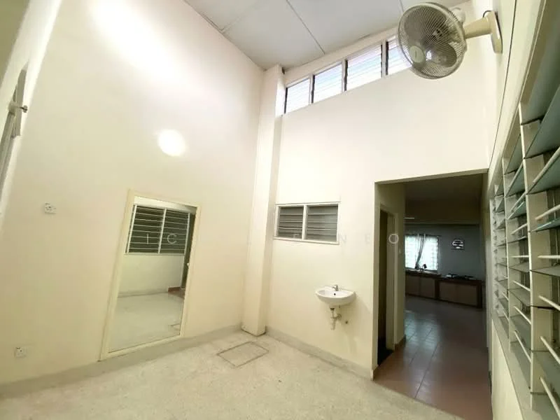 Room features: white painted walls, high ceiling, floor-to-ceiling windows, mirror on wall, small wall-mounted sink, ceiling fan, tile flooring, natural light from windows; style: modern.