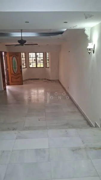 Room features: marble flooring, white painted walls, ceiling with recessed lighting, ceiling fan, wooden door with glass panel, multiple windows, wall sconces, open layout; style: modern.