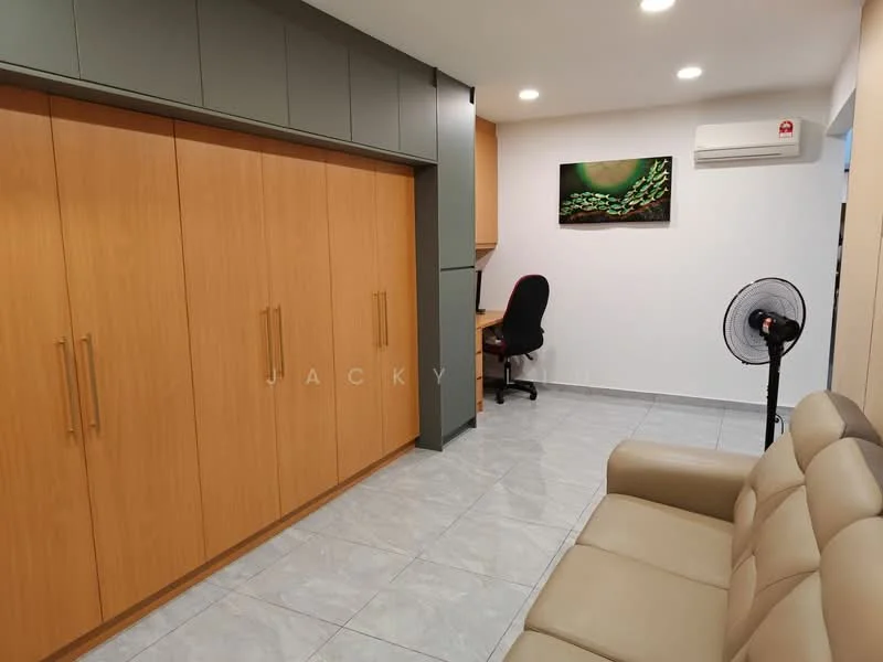 Room features: built-in cabinetry with wooden finish, grey accent wall, light grey tiled flooring, recessed downlights, wall-mounted air conditioning unit, framed artwork on wall, office chair, fan, sofa in beige; style: modern.
