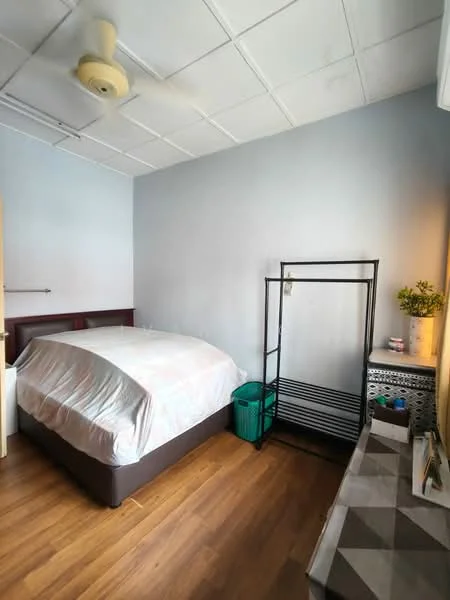 Bedroom features: queen-size bed with light-colored bedding, wooden flooring, light blue painted walls, ceiling fan, window with natural light, open shelving unit, green waste basket, decorative plant on shelf, side table with lamp, textured area rug; style: minimalist.