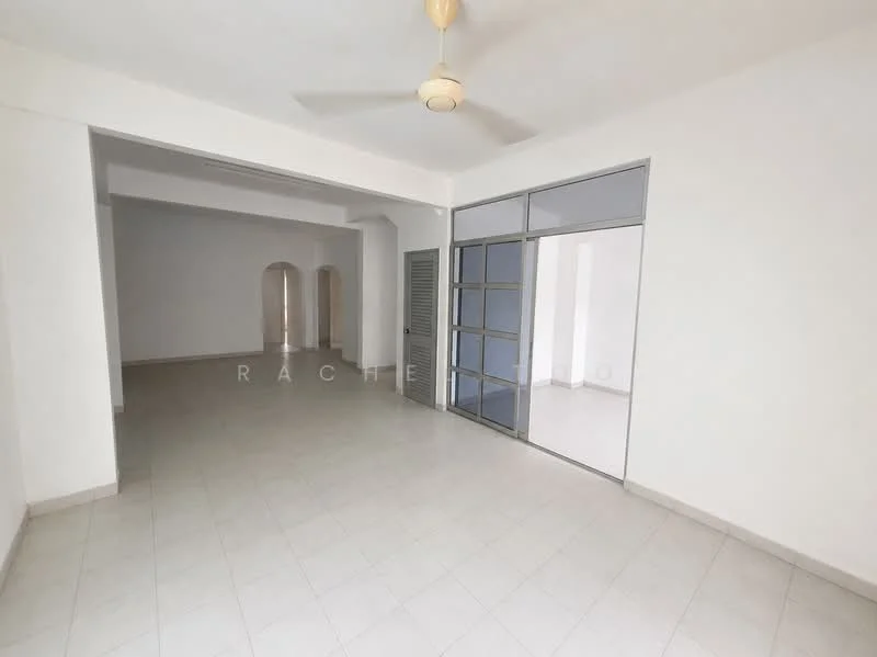 Room features: white painted walls, ceramic tile flooring, ceiling fan, arched doorways, large glass sliding door, natural light from windows, neutral color palette, open layout; style: minimalist.