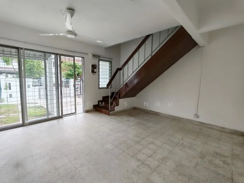 Living features: light-colored tiled flooring, white painted walls, ceiling fan, large sliding glass doors, staircase with wooden steps, window treatments, open layout, natural light from windows; style: modern; view: garden.