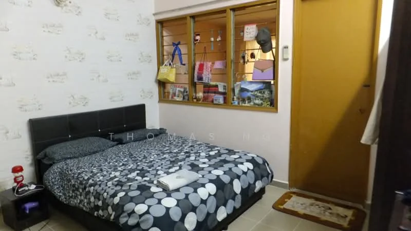 Bedroom features: queen-size bed with black upholstered headboard, polka dot bedding in black and white, cream painted walls with decorative wallpaper, tile flooring, wooden window with grid design, decorative items on window sill, door with wooden finish, area rug at entrance, nightstand with lamp, wall-mounted hooks for bags, framed pictures on wall; style: modern.