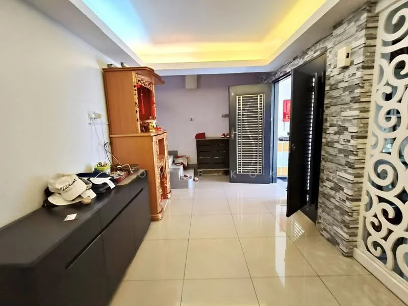 Room features: white painted walls, grey accent wall with stone cladding, glossy tile flooring, recessed ceiling lights, wooden cabinet with decorative carvings, black console table, sliding door, decorative partition, wall-mounted electrical outlets, open space layout; style: modern.