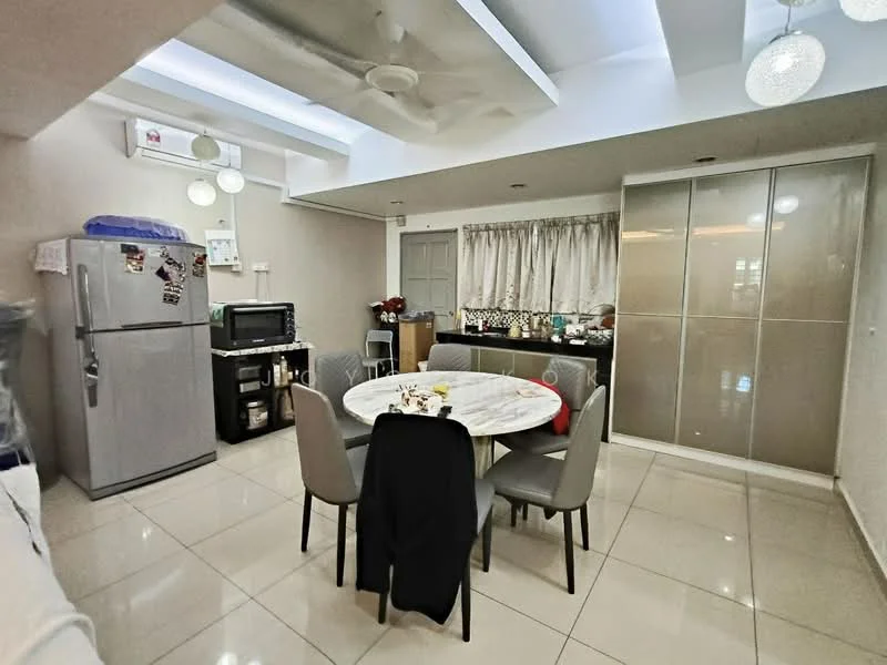 Dining features: round dining table, 6 dining chairs, grey upholstered chairs, white marble tabletop, refrigerator, stainless-steel fridge, microwave, black TV console, curtains, wall-mounted air conditioning unit, ceiling fan, recessed lighting, tile flooring, built-in wardrobe, decorative wall; style: modern.