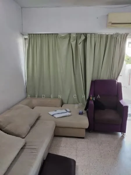 Living features: beige fabric sofa, coffee table, purple armchair, curtains in light green, wall-mounted air conditioning unit, tile flooring, white painted walls, natural light from windows.