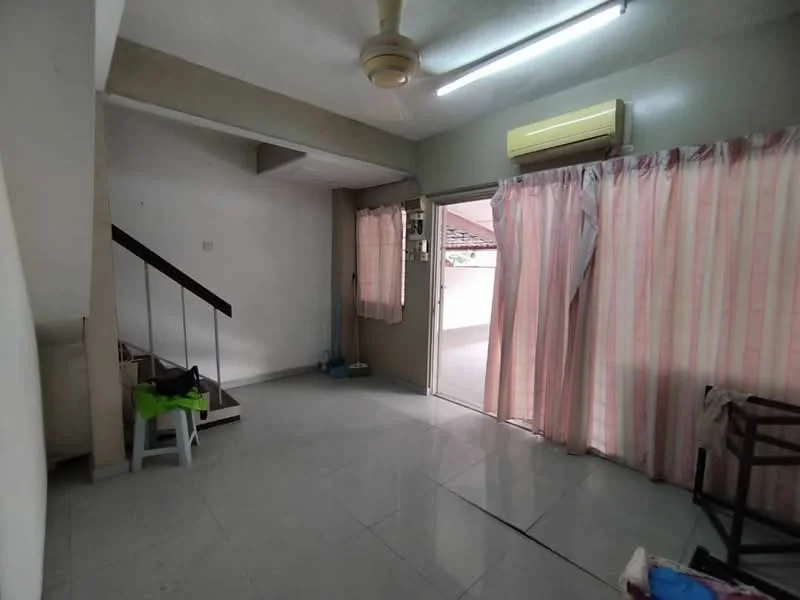 Living features: white painted walls, ceramic tile flooring, 5-blade ceiling fan with light, wall-mounted air conditioning unit, sliding glass door, curtains with pink stripes, staircase leading to upper level, open layout, natural light from sliding door; style: modern.