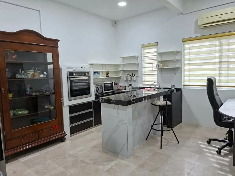 Kitchen features: white painted walls, marble countertop, black cabinetry, built-in oven, microwave, stainless-steel fridge, bar stools, open shelving, tile flooring, window with blinds, air conditioning unit; style: modern.
