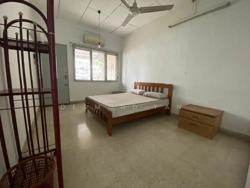 Bedroom features: single bed frame, mattress, wooden bedside table, ceiling fan, window with curtains, light-colored walls, tile flooring, built-in wardrobe, door to hallway; style: minimalist.
