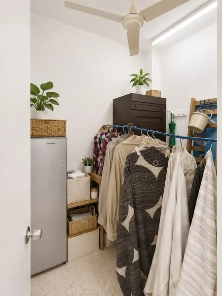 Laundry features: ceiling fan, hanging clothes rack, built-in shelving, storage baskets, stainless-steel fridge, white walls, light-colored flooring, houseplants; style: modern.