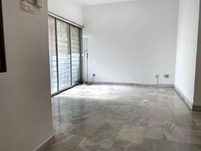 Room features: marble flooring, white painted walls, floor-to-ceiling windows, sliding glass door, natural light, lamp, outdoor view.