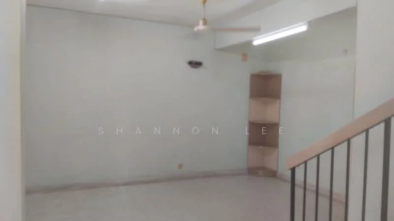 Living features: light green painted walls, tile flooring, ceiling fan, built-in shelving unit, staircase railing, no visible windows, neutral decor, open layout.