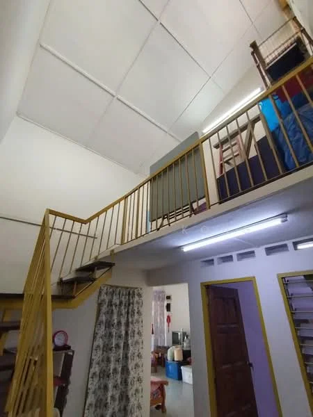 Room features: staircase with yellow railing, high ceiling, white painted walls, laminate flooring, recessed lighting, curtains, open space, upper level with railing; style: modern.
