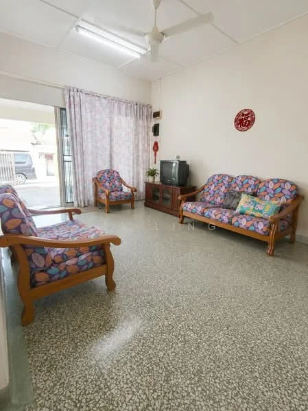 Living features: terrazzo flooring, white painted walls, ceiling fan, two 3-seater sofas with floral upholstery, wooden coffee table, television, curtains with floral pattern, decorative wall art; style: traditional.