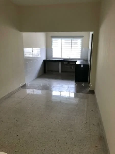 Kitchen features: grey granite flooring, white painted walls, single-bowl stainless-steel sink, black countertop, white backsplash, window with horizontal blinds, built-in cabinetry, open layout; style: modern.