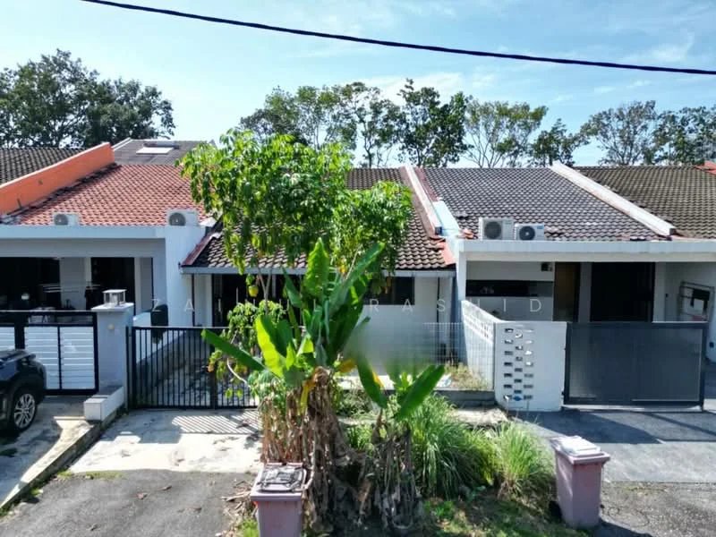 Exterior type: linked terrace house; features: red tile roof, white painted facade, visible air conditioning units, manicured lawn, tropical landscaping with palm trees, driveway with interlocking pavers, fenced front yard, single-storey, front porch area; style: modern.