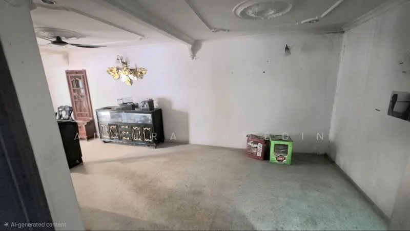 Room features: plain white walls, exposed ceiling with decorative moulding, concrete flooring, ceiling fan, wooden cabinet, glass-front display cabinet, two visible boxes, minimal decor; style: traditional.