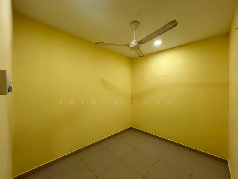 Room features: yellow painted walls, ceiling fan, recessed downlight, tile flooring, corner room, no visible windows, no visible furniture, plain ceiling.