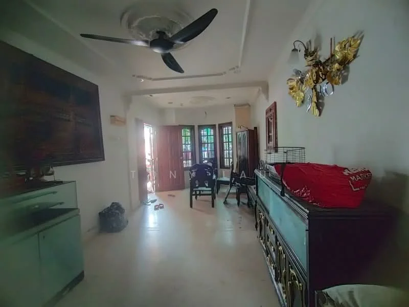 Living features: 5-blade ceiling fan, white painted walls, marble flooring, decorative wall art, wooden furniture, green wooden cabinet, dark wooden sideboard, large windows with wooden shutters, decorative wall sconce, open layout, natural light from windows; style: contemporary.