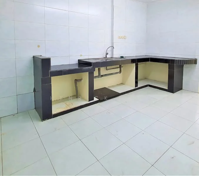 Kitchen features: white tiled walls, black countertop, single-bowl stainless-steel sink, chrome pull-down faucet, built-in cabinetry, ceramic tile flooring, corner layout, plumbing visible under sink.
