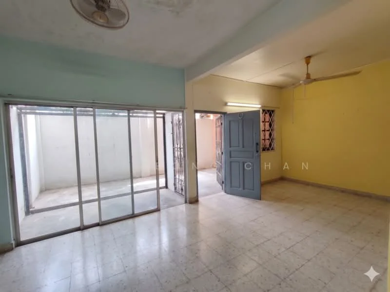 Room features: light yellow painted walls, blue door, ceiling fan, tiled flooring, sliding glass door, window with metal grille, natural light from window, open space leading to outdoor area.