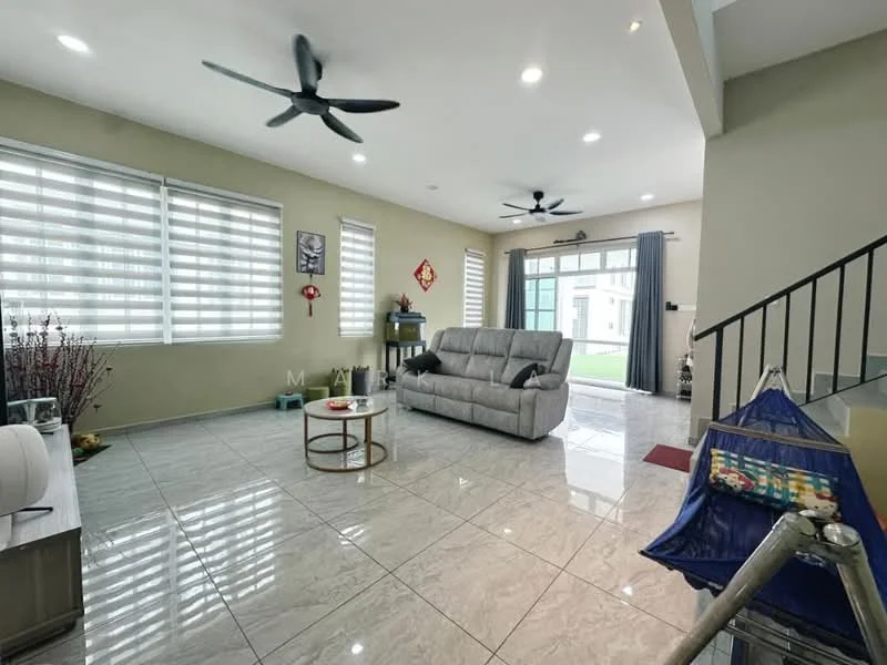 Living features: grey fabric sofa, coffee table, 2 ceiling fans, large windows with horizontal blinds, light grey walls, glossy tile flooring, decorative wall art, sliding glass door leading to outdoor area, curtains, indoor plants; style: modern; view: garden.