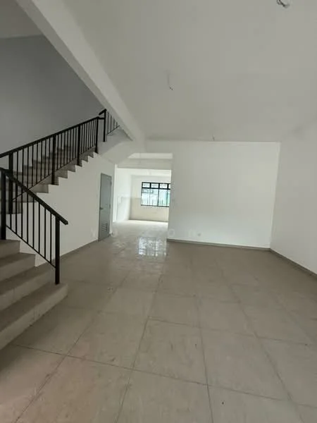 Room features: white painted walls, tile flooring, staircase with black railing, large windows, high ceiling, open layout, neutral color scheme, no visible furniture; style: modern.