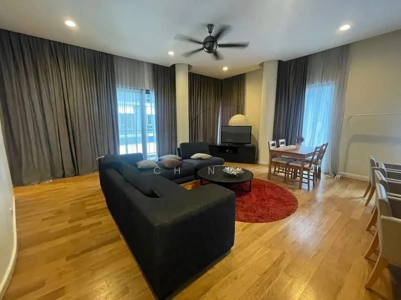 Living features: 3-seater fabric sofa in black, coffee table, area rug in red, wall-mounted TV, entertainment unit, ceiling fan, floor-to-ceiling windows with sheer curtains, wooden flooring, dining table with chairs; style: modern.