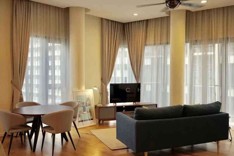 Living features: 3-seater fabric sofa in blue, round dining table, 4 upholstered dining chairs, TV console, wall-mounted TV, floor-to-ceiling windows, sheer curtains, wooden flooring, ceiling fan, area rug, decorative artwork, light-colored walls, column features; style: modern; view: city.